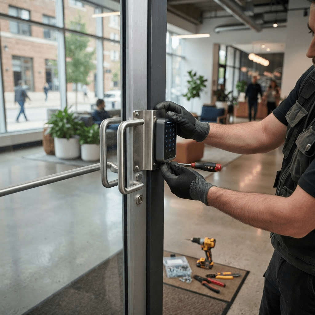 Commercial locksmith installing access control at a business entrance