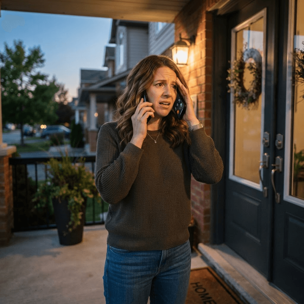 Frustrated homeowner locked out at her front door, calling My Locksmiths for fast emergency help