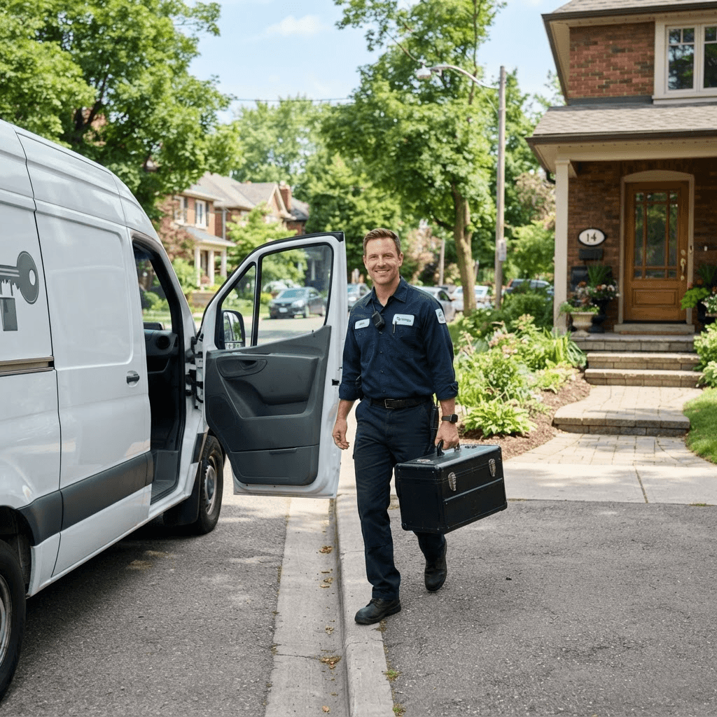 Friendly My Locksmiths technician arriving from the mobile service van to help a customer